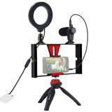 PULUZ PKT3025 4-in-1 Vlogging Broadcast Video Rig + 4.7 inch 12cm Ring LED Selfie Light Kits + Tripod Mount + Cold Shoe Tripod Head for Cameras
