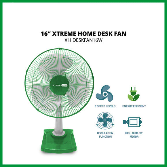 XTREME HOME 16-inches Desk Fan 3-Speed Levels Thermally Fuse Protected High Performance Motor Adjustable Tilting Head Oscillation Function
