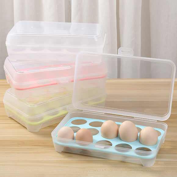 Portable 15 Holes Plastic Egg Refrigerator Fresh Box Rack Kitchen Egg Tray Container With Lid