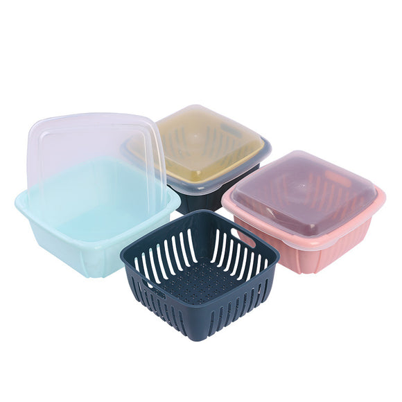 Double-Layer Square Drain Basket with Lid Kitchen Drain Storage Box Plastic Fruit Storage Basket