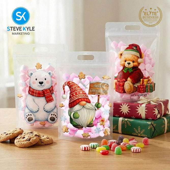 Steve Kyle Fifty Pieces Christmas Bear Gnomes Gingerbread Design Resealable Stand Up Packaging Bag with Die-Cut Handle