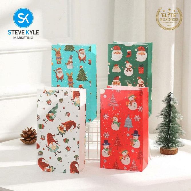 Steve Kyle 12-Piece Christmas Paper Party Favor Bags with Stickers for Holiday Treats and Small Gifts