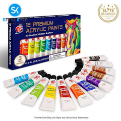 12 Colors Premium Acryclic Paints with 3 Brushes For Students, Crafters & Artists
