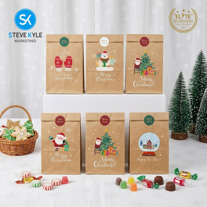 Steve Kyle 12-Piece Christmas Paper Party Favor Bags with Stickers for Holiday Treats and Small Gifts