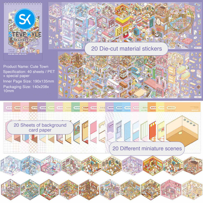 Steve Kyle Creative Multi-Scene Decorative Sticker Book With Miniature Town Designs