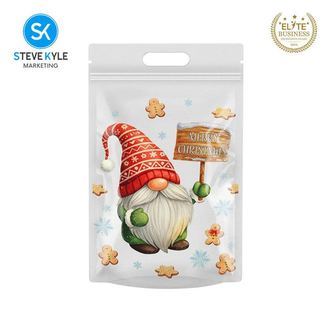 Steve Kyle Fifty Pieces Christmas Bear Gnomes Gingerbread Design Resealable Stand Up Packaging Bag with Die-Cut Handle