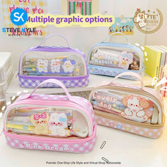 Big Capacity Transparent 2 Layer Pencil Case Kawaii School Students Pencil