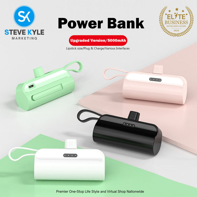 Portable Mini Power Bank Charger for USB C Android Device (Direct Plugin) and for iPhone Apple (Wired)