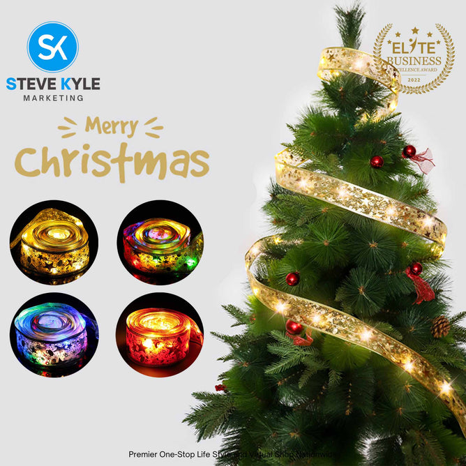 5M/Christmas Ribbon Fairy Lights Decor Christmas Lace Ribbon Bows With LED For Christmas Tree