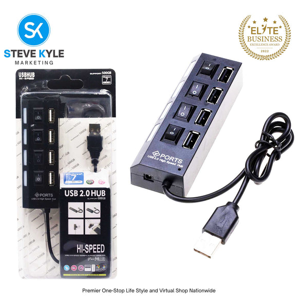 Multi Port USB Hub 4 Port USB 2.0 Hub On/Off Switches DC Power Adapter Cable For PC Laptop