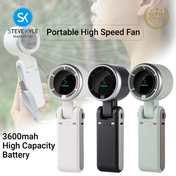 Rechargeable Digital Display Portable Turbo 3-in-1 Handheld Fan with Lanyard