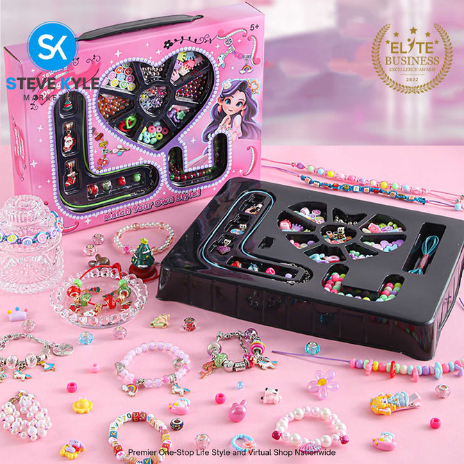 Kids Beaded Necklace & Bracelet Set Girls' Handmade DIY Jewelry Making Pink Hearts & Christmas Themed Best Gift Toy