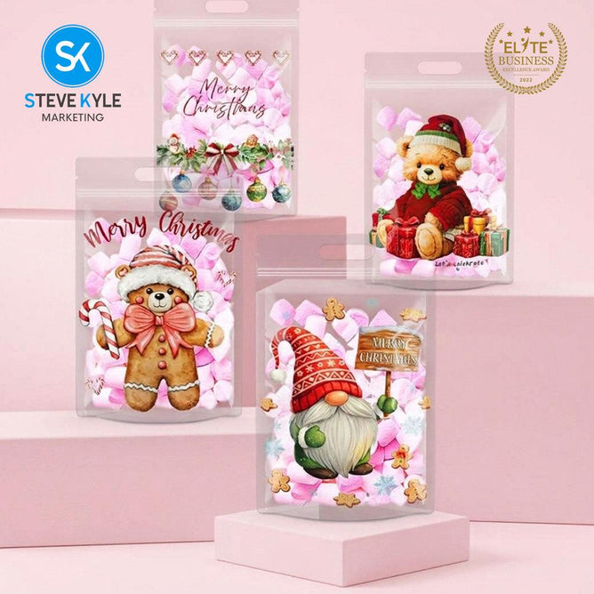 Steve Kyle Fifty Pieces Christmas Bear Gnomes Gingerbread Design Resealable Stand Up Packaging Bag with Die-Cut Handle