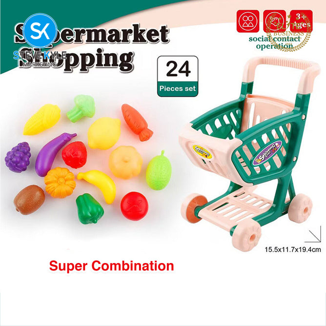 Steve Kyle Supermarket Shopping Cart Toy Set Pretend Play Grocery With Fruits Vegetables For Kids