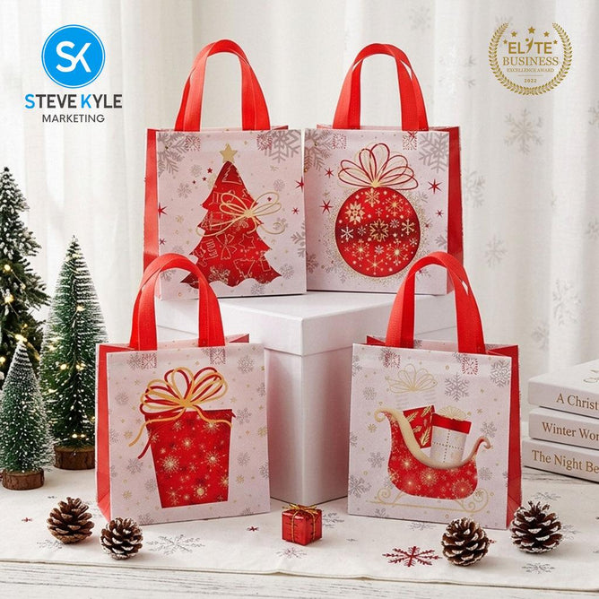 Steve Kyle 4-Piece Christmas Non-Woven Tote Bag Set with Silver Snowflake Design Reusable Shopping Bag