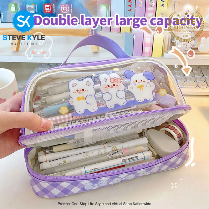 Big Capacity Transparent 2 Layer Pencil Case Kawaii School Students Pencil