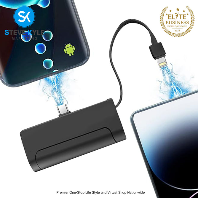 Portable Mini Power Bank Charger for USB C Android Device (Direct Plugin) and for iPhone Apple (Wired)