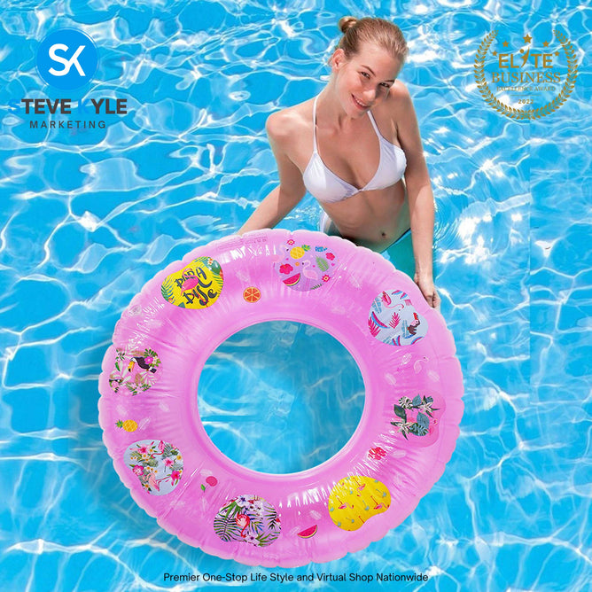 Pink Blue Lively Print Inflatable Swimming Ring For Adult Outdoor Fun Summer Time