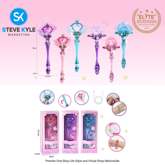 Rechargeble Fairy Tale Lights Sound Magic Wand with Box Pretend Toy Set
