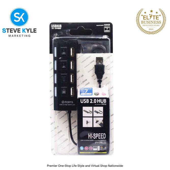 Multi Port USB Hub 4 Port USB 2.0 Hub On/Off Switches DC Power Adapter Cable For PC Laptop