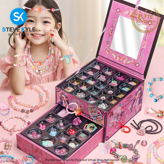 Kids Beaded Necklace & Bracelet Set Girls' Handmade DIY Jewelry Making Pink Hearts & Christmas Themed Best Gift Toy