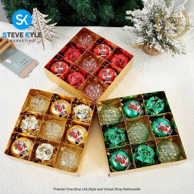 9PCS/8CM Christmas Tree Balls 3 Styles XMAS Ornaments Shatterproof Hanging Balls Big Size Decors