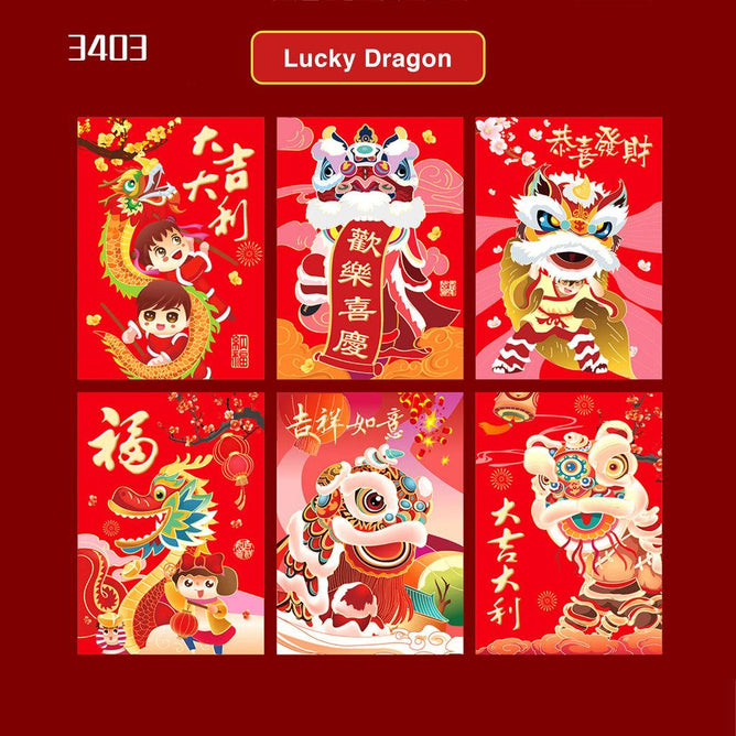 Steve Kyle Six Pieces Traditional Red Angpao Money Envelope with Gold Stamping Decoration Fortune and Prosperity Designs Ampao