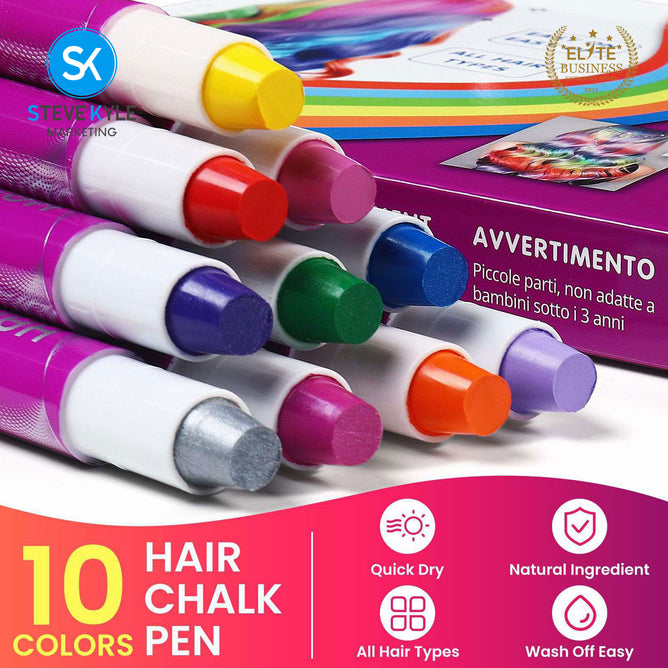 Steve Kyle 10 Color Temporary Hair Chalk Pens Washable Dustless Hair Dye Coloring Set