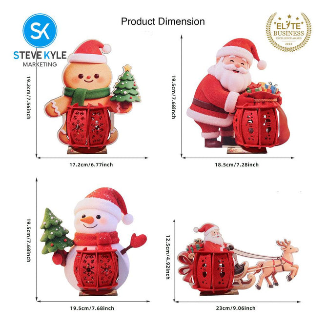 Steve Kyle 3D Wooden Christmas Santa Claus Snowman Santa Sleigh Decorative Lantern Ornament