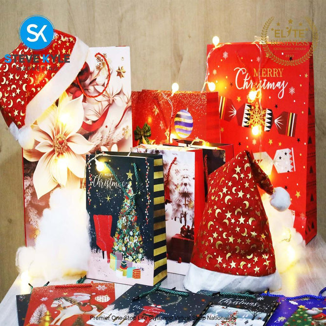 Steve Kyle Random Design Christmas Craft Paper Gift Bag with Twisted Rope Handle for Holiday Gifts Party Favors