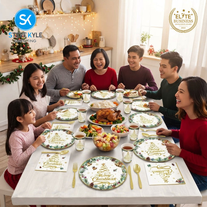 Steve Kyle White Christmas Themed Disposable Paper Plate Cups Napkin Spoon Fork Tableware Set