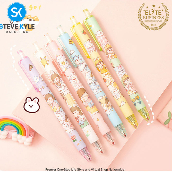 Cute Cartoon Retractable Pen 0.5mm Black Ink Gel Pen SET (6pcs) Stationery School Supplies