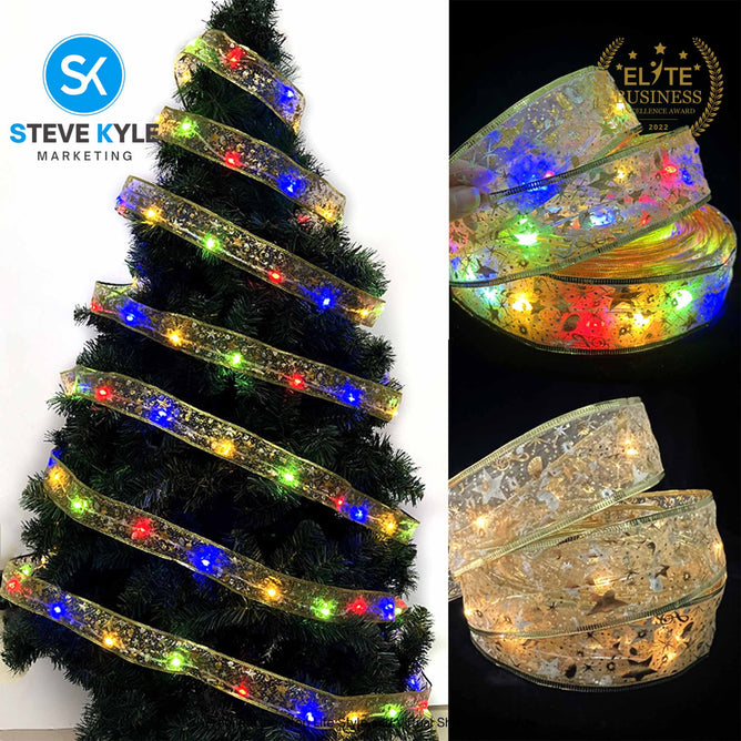 5M/Christmas Ribbon Fairy Lights Decor Christmas Lace Ribbon Bows With LED For Christmas Tree