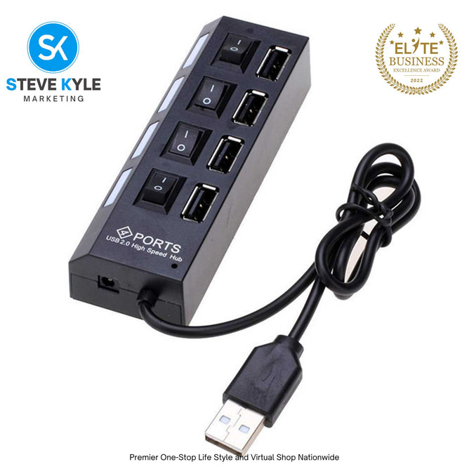 Multi Port USB Hub 4 Port USB 2.0 Hub On/Off Switches DC Power Adapter Cable For PC Laptop