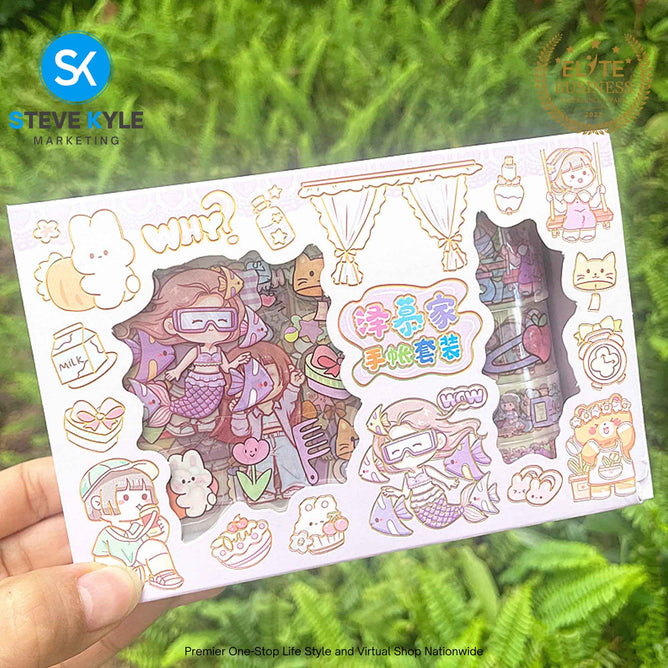 Cartoon Sticker & Tape Random (1 Box Set) Waterproof Kawaii Stationery Supplies