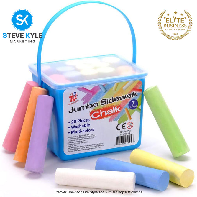 Jumbo Sidewalk Chalk, 20 Pieces 7 Colors, Washable, Non Toxic Chalks Set with Handy Case