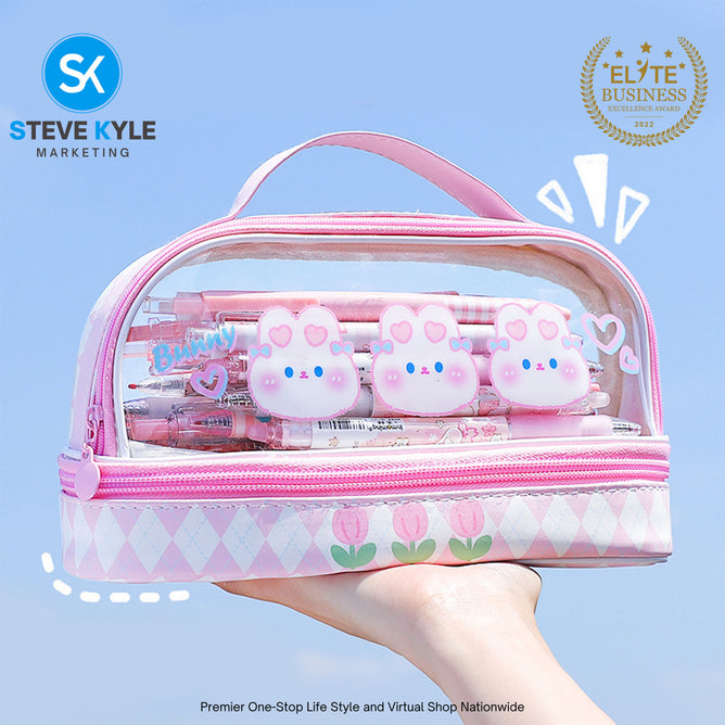 Big Capacity Transparent 2 Layer Pencil Case Kawaii School Students Pencil