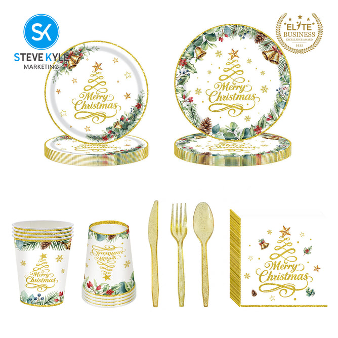 Steve Kyle White Christmas Themed Disposable Paper Plate Cups Napkin Spoon Fork Tableware Set