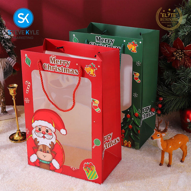 Steve Kyle Christmas Themed Paper Bag with Transparent Window 1-Piece 5-Piece Set For Holiday Gift