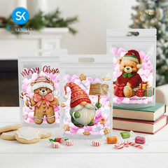 Steve Kyle Fifty Pieces Christmas Bear Gnomes Gingerbread Design Resealable Stand Up Packaging Bag with Die-Cut Handle
