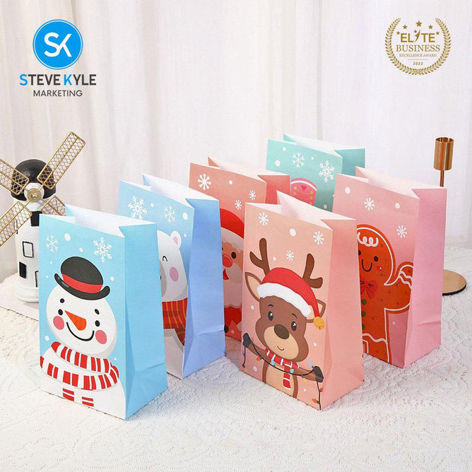 Steve Kyle 12-Piece Christmas Paper Party Favor Bags with Stickers for Holiday Treats and Small Gifts