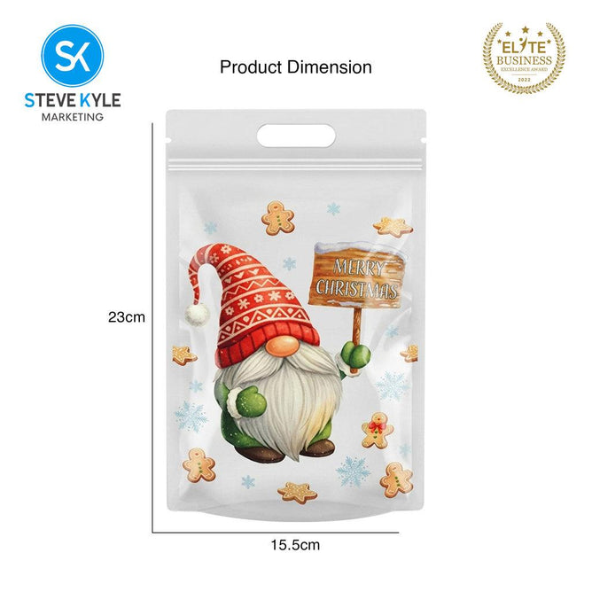 Steve Kyle Fifty Pieces Christmas Bear Gnomes Gingerbread Design Resealable Stand Up Packaging Bag with Die-Cut Handle