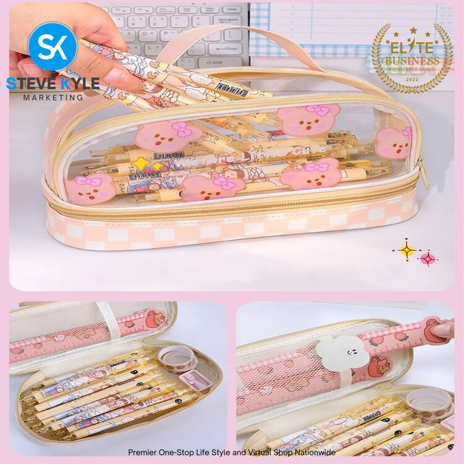 Big Capacity Transparent 2 Layer Pencil Case Kawaii School Students Pencil