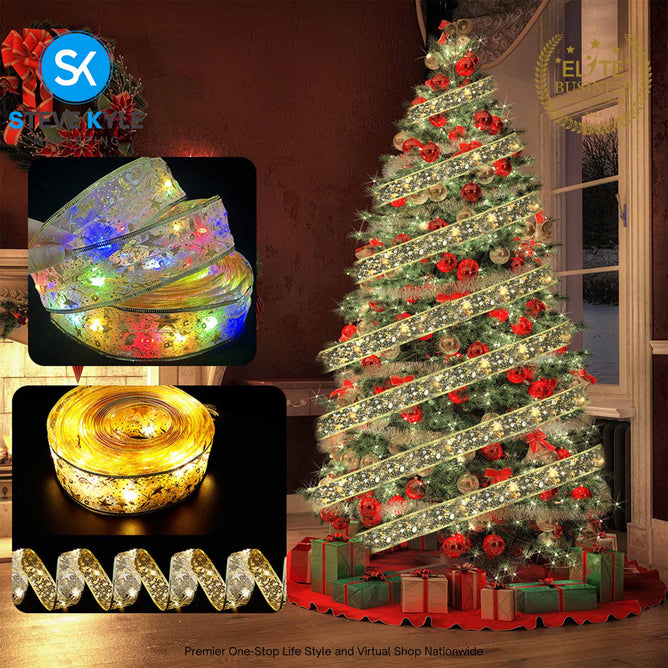 5M/Christmas Ribbon Fairy Lights Decor Christmas Lace Ribbon Bows With LED For Christmas Tree