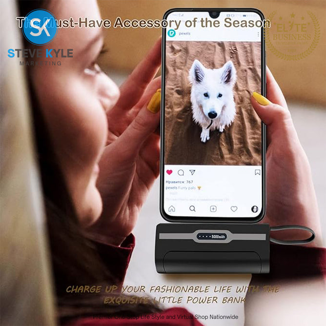 Portable Mini Power Bank Charger for USB C Android Device (Direct Plugin) and for iPhone Apple (Wired)