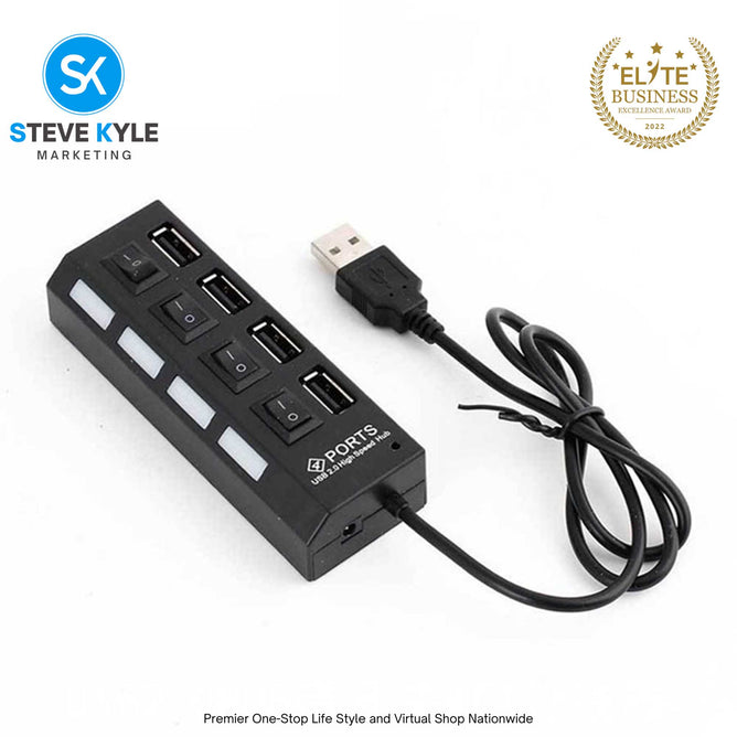 Multi Port USB Hub 4 Port USB 2.0 Hub On/Off Switches DC Power Adapter Cable For PC Laptop