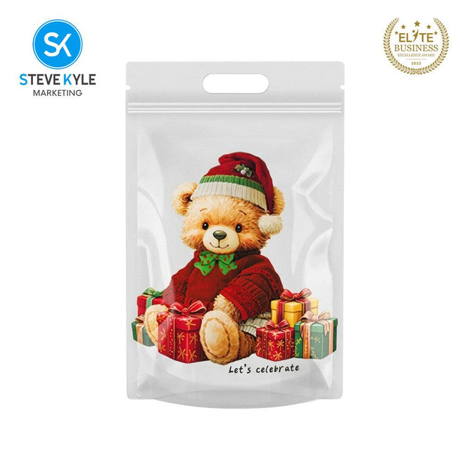 Steve Kyle Fifty Pieces Christmas Bear Gnomes Gingerbread Design Resealable Stand Up Packaging Bag with Die-Cut Handle