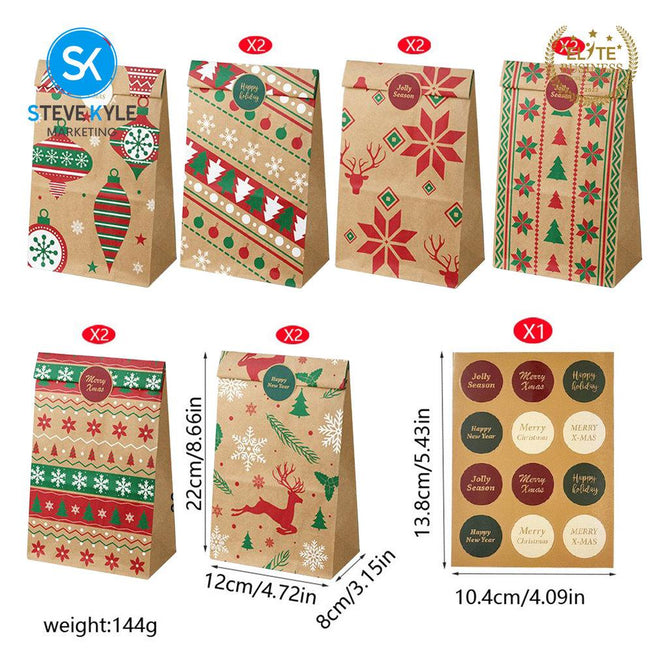 Steve Kyle 12-Piece Christmas Paper Party Favor Bags with Stickers for Holiday Treats and Small Gifts