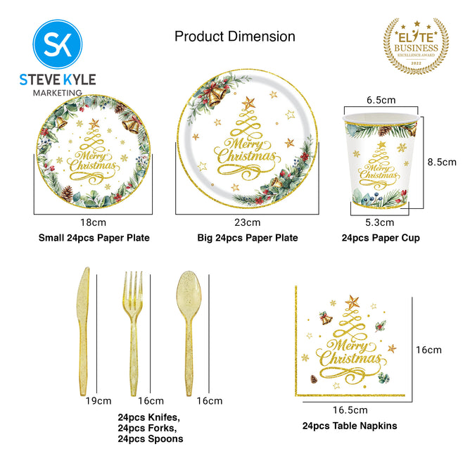 Steve Kyle White Christmas Themed Disposable Paper Plate Cups Napkin Spoon Fork Tableware Set