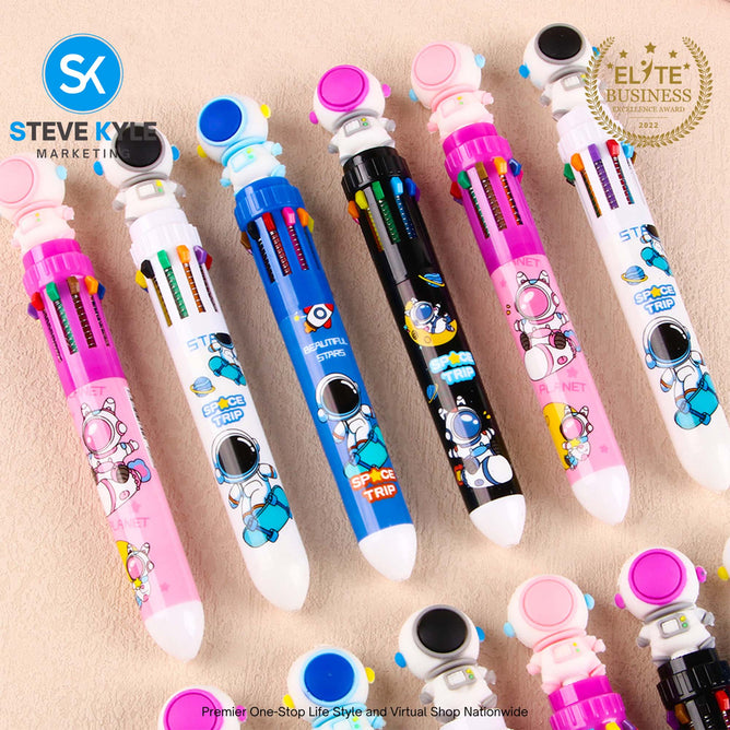 10 IN 1 BallPoint Pen with Spaceman Head Ball Pens Cute Cartoon Design Kids Gift School Stationery